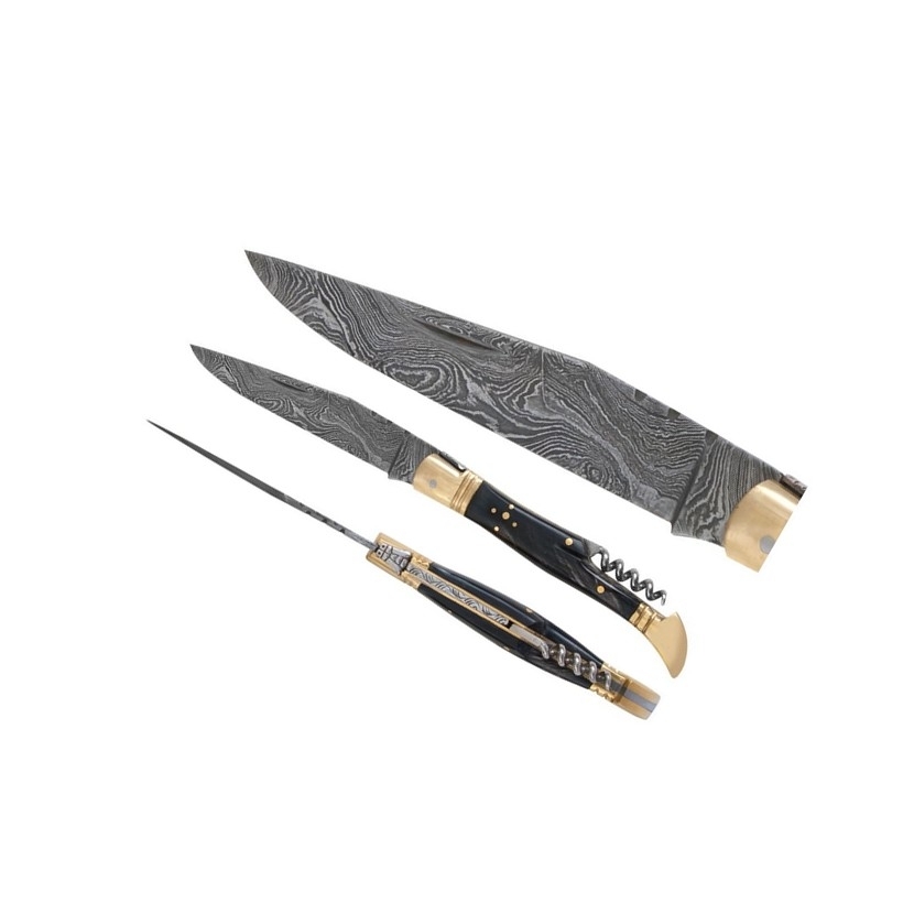 Couteau pliant lame Damas manche en corne avec étui en cuir – Image 2