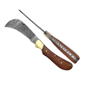 Serpette lame Damas 10 cm manche bois de rose avec laiton