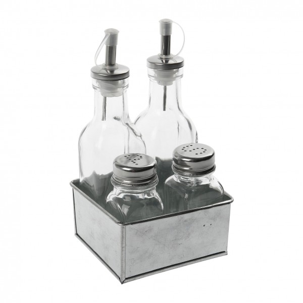 Set Huile Vinaigre, Sel Poivre sur Support en Inox