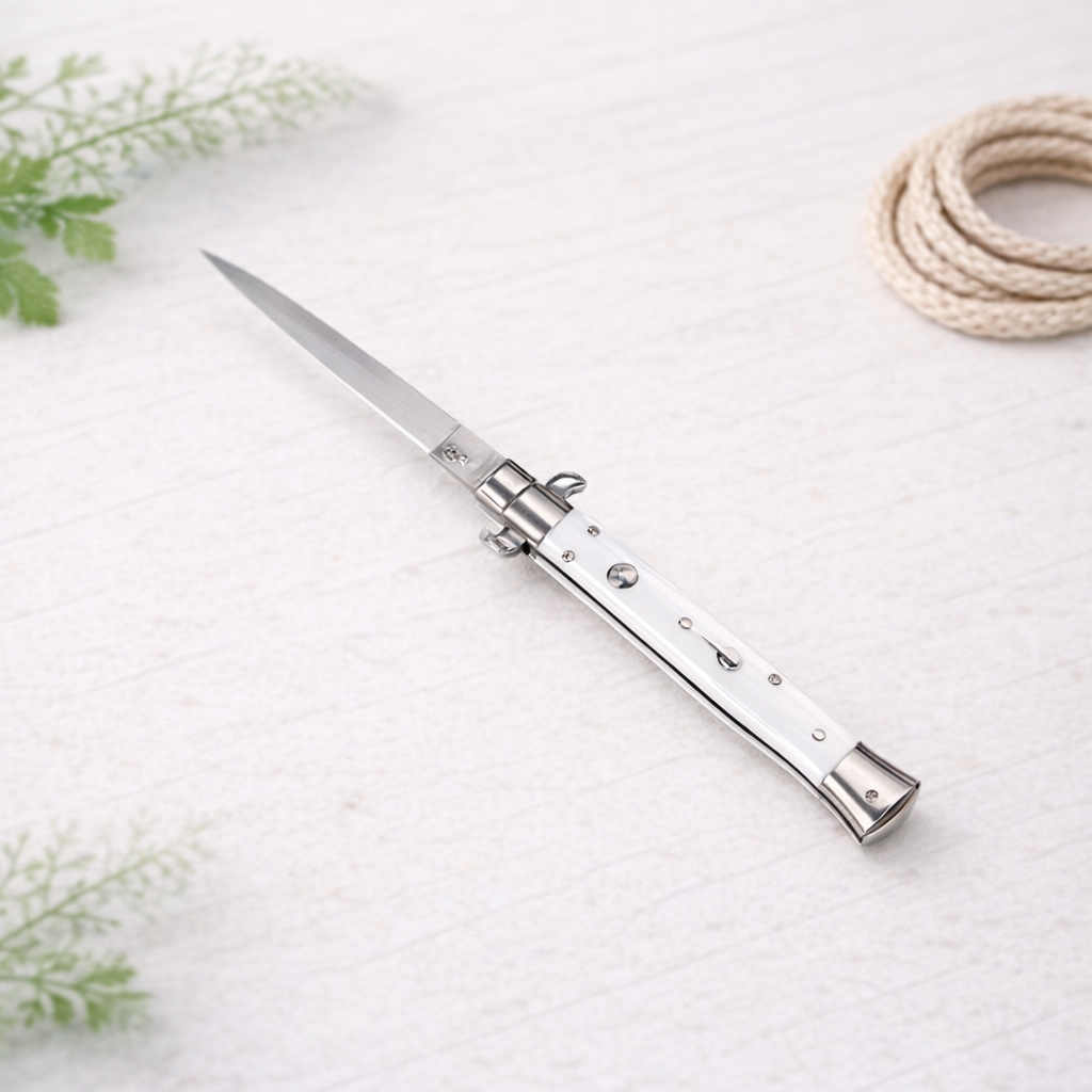 Couteau automatique 28 cm manche finition plaquettes façon perle
