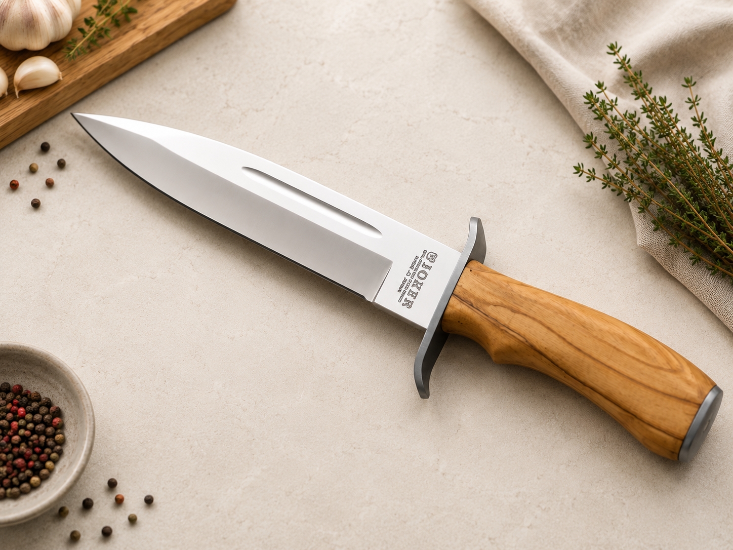 Dague de chasse haute qualité lame 26 cm , manche bois d'olivier avec étui