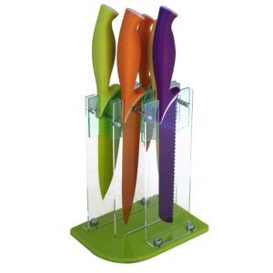 Bloc de 5 couteaux cuisine colorés sur support plexi