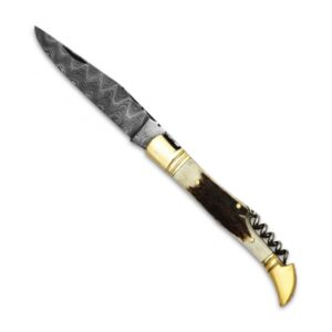 Couteau Laguiole de poche lame Damas manche bois de Cerf avec tire bouchon
