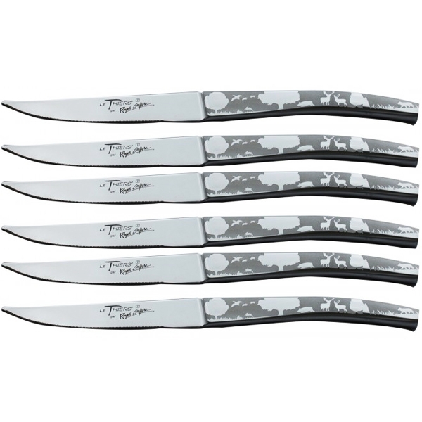 Coffret 6 couteaux de table de Thiers inox forgés décor chasse